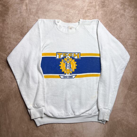 Vintage 80s Fruit of the Loom Tech Sweatshirt White Pullover Striped Men's XL - Picture 1 of 10